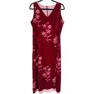 Vintage 90s Velvet Floral Sleeveless V-Neck Sheath Dress Red Pink Sz 12 Feminine